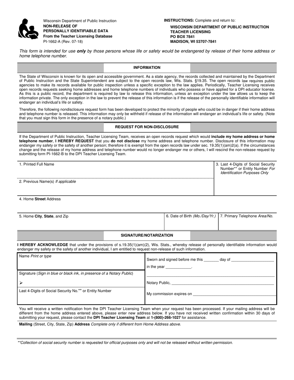 Form PI-1662-A Non-release of Personally Identifiable Data - Wisconsin, Page 1
