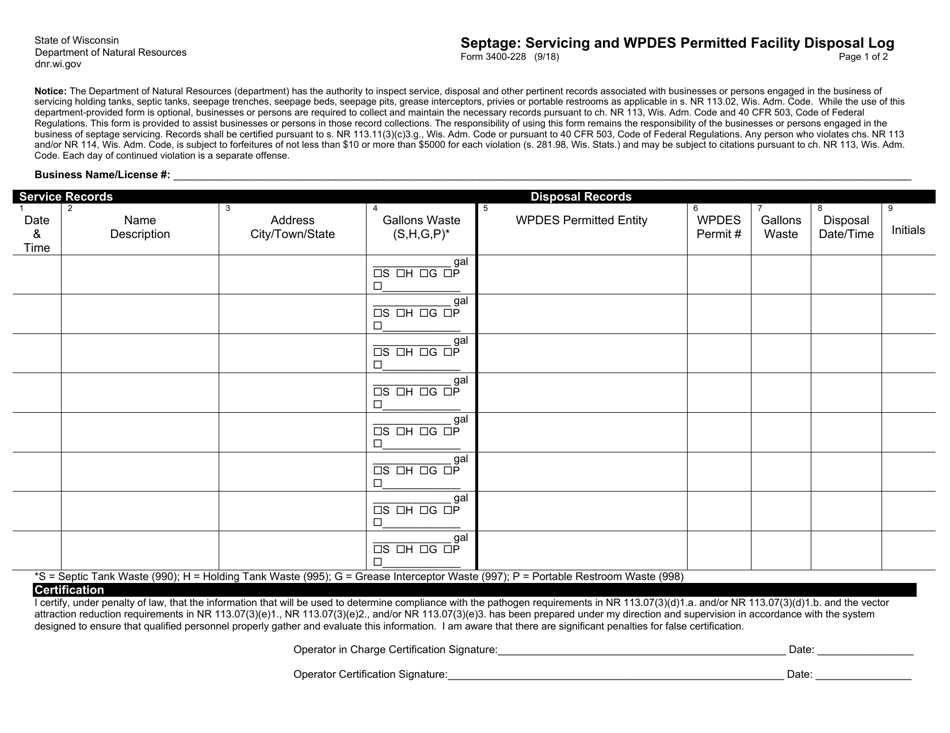 Form 3400-228 Septage: Servicing and Wpdes Permitted Facility Disposal Log - Wisconsin, Page 1