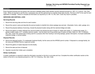 Form 3400-228 Septage: Servicing and Wpdes Permitted Facility Disposal Log - Wisconsin, Page 2