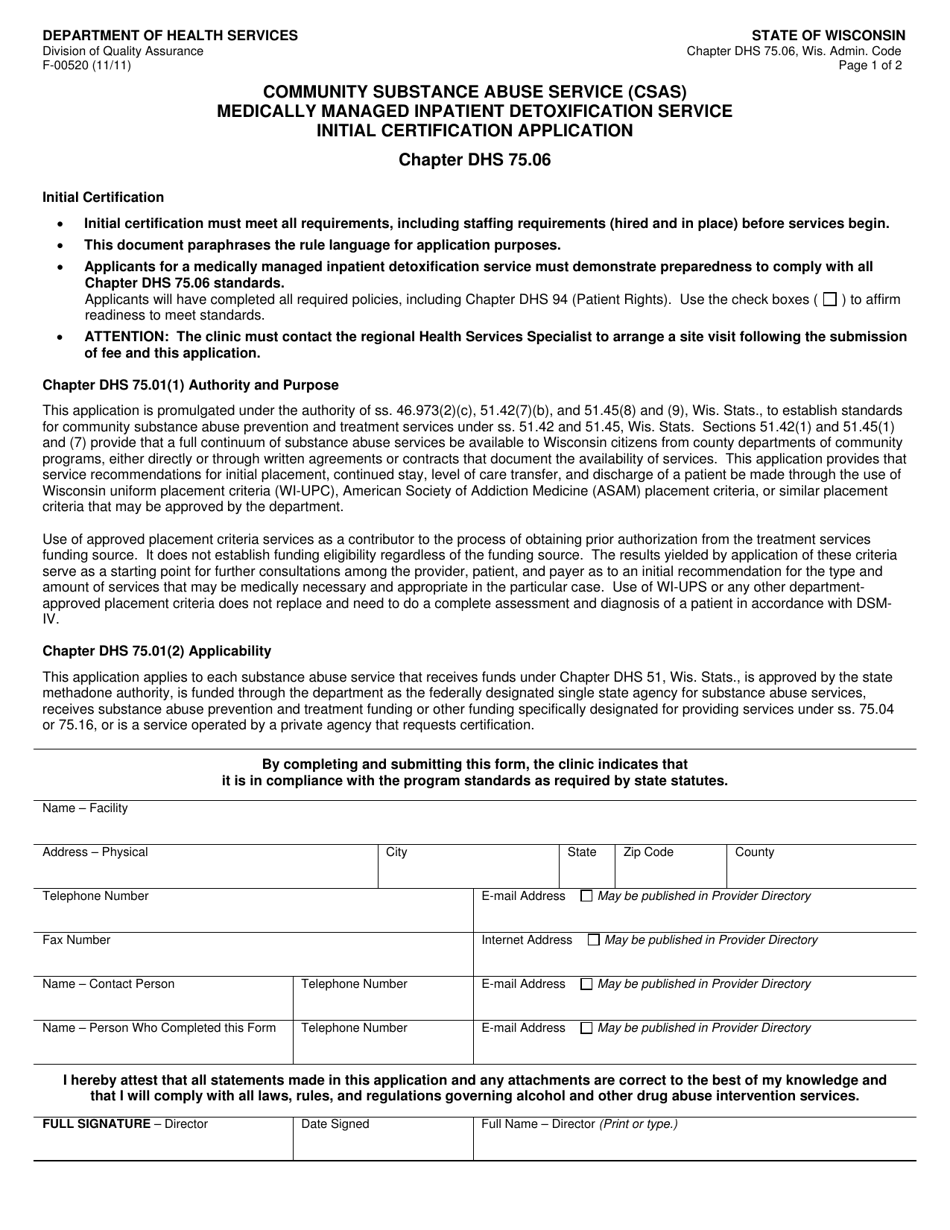 Form F-00520 Community Substance Abuse Service (Csas) Medically Managed Inpatient Detoxification Service Initial Certification Application - Wisconsin, Page 1