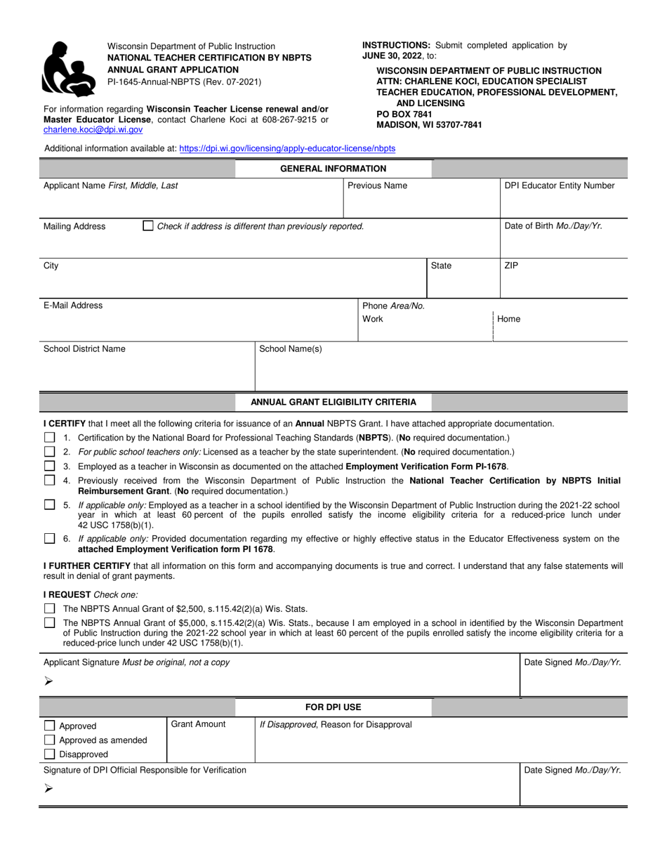 Form PI-1645-ANNUAL-NBPTS National Teacher Certification by Nbpts Annual Grant Application - Wisconsin, Page 1