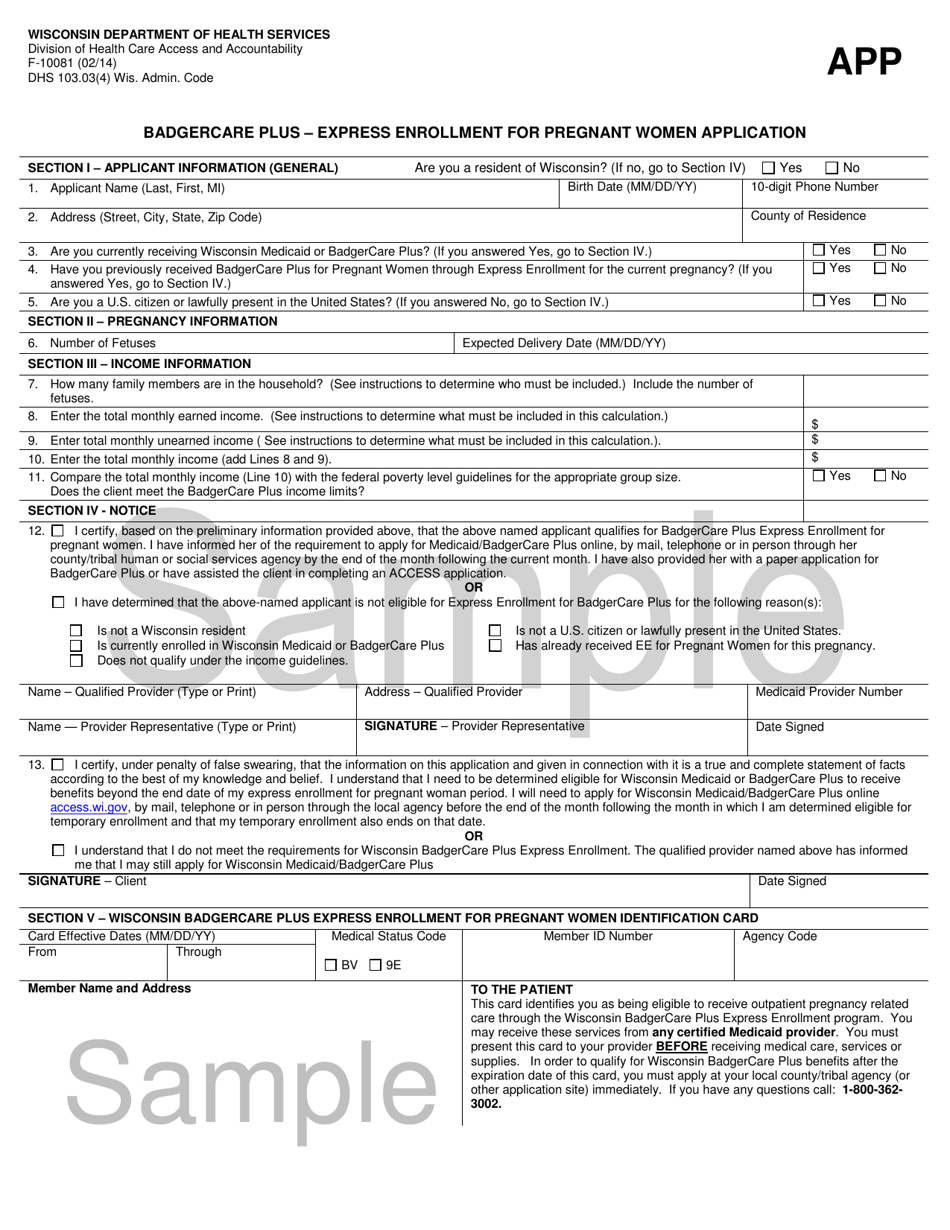 Form F-10081 Badgercare Plus - Express Enrollment for Pregnant Women Application - Sample - Wisconsin, Page 1
