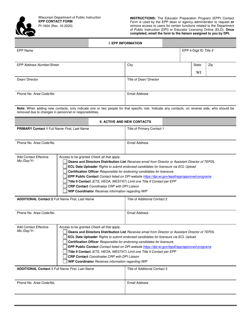 Form PI-1604 Epp Contact Form - Wisconsin, Page 1