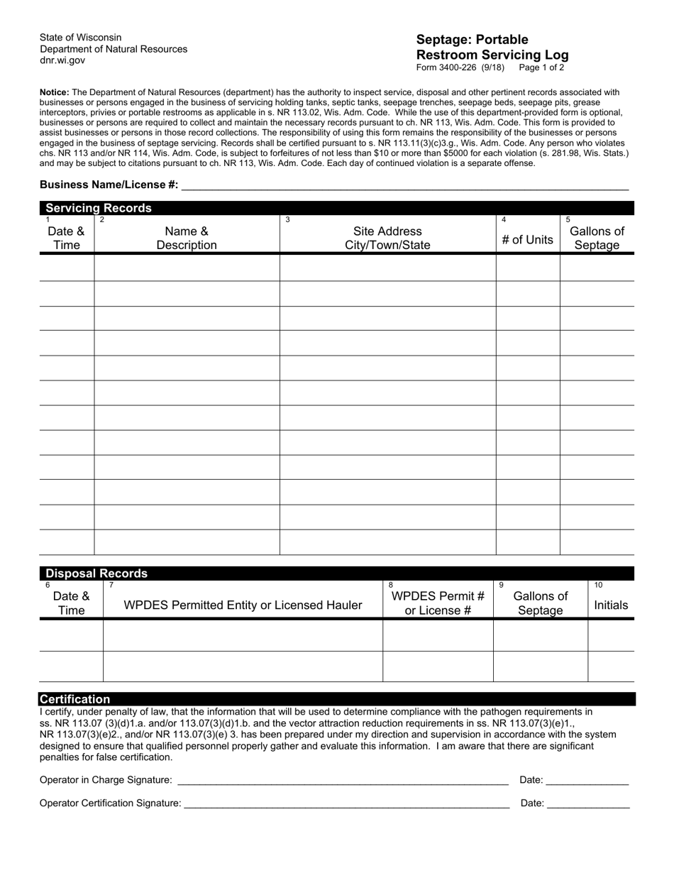 Form 3400-226 Septage: Portable Restroom Servicing Log - Wisconsin, Page 1