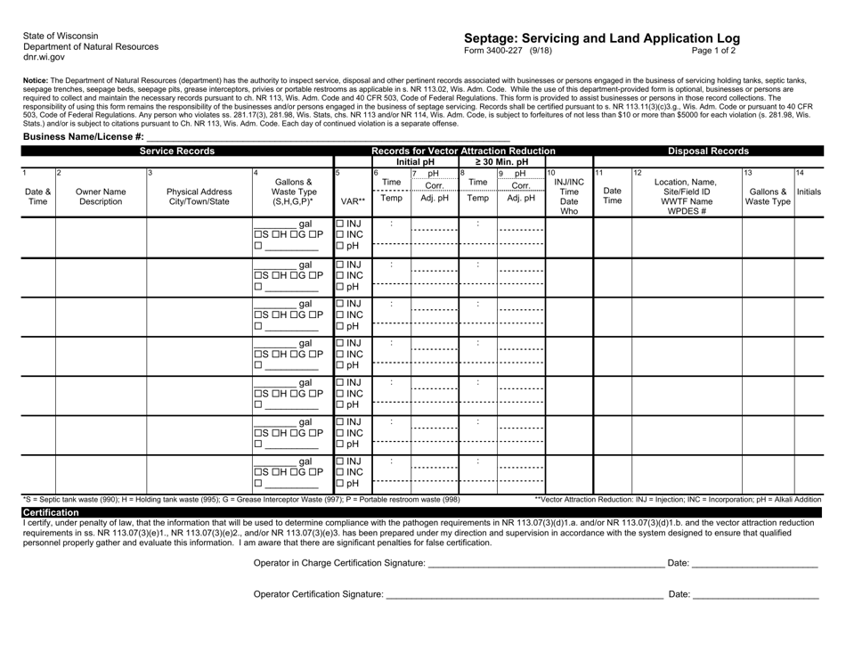 Form 3400-227 Septage - Servicing and Land Application Log - Wisconsin, Page 1