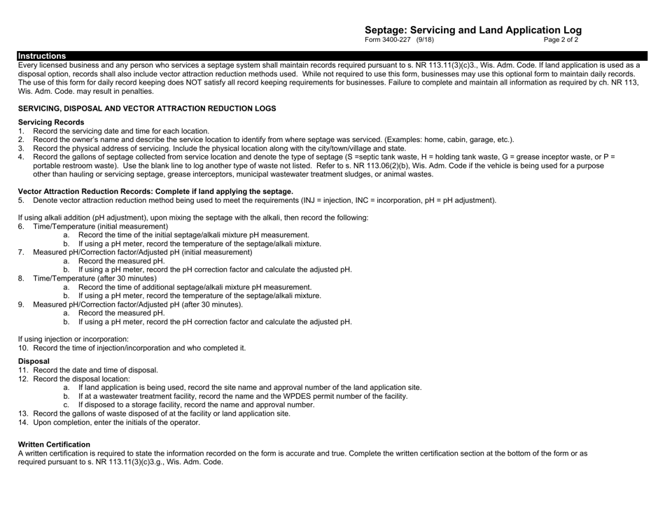 Form 3400-227 Septage - Servicing and Land Application Log - Wisconsin, Page 2