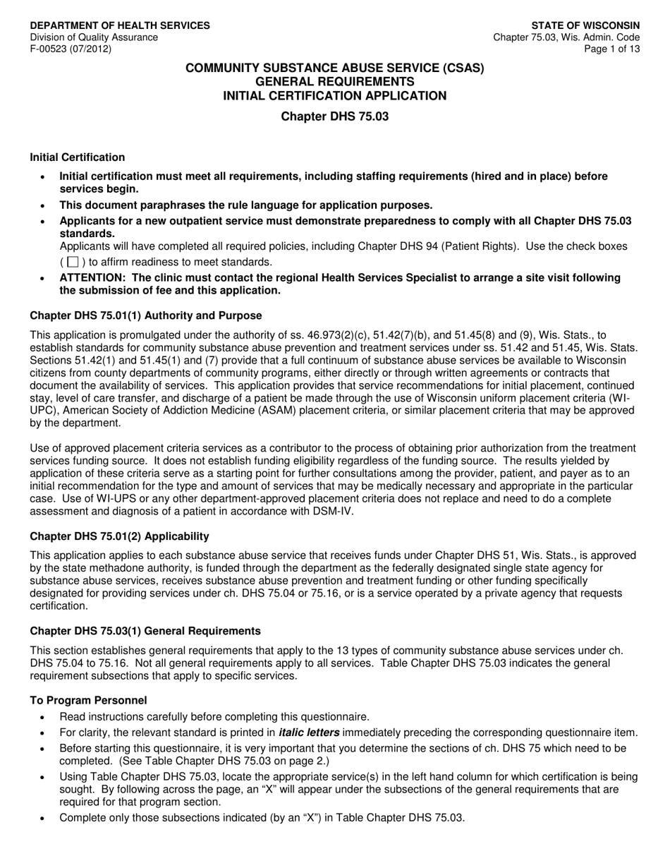 Form F-00523 Community Substance Abuse Service (Csas) General Requirements Initial Certification Application - Wisconsin, Page 1
