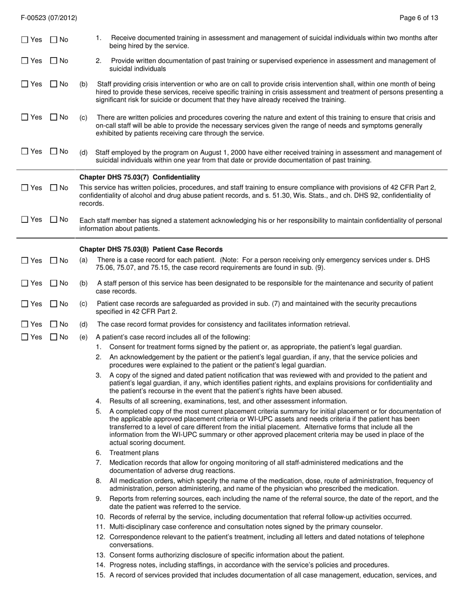 Form F-00523 Community Substance Abuse Service (Csas) General Requirements Initial Certification Application - Wisconsin, Page 6