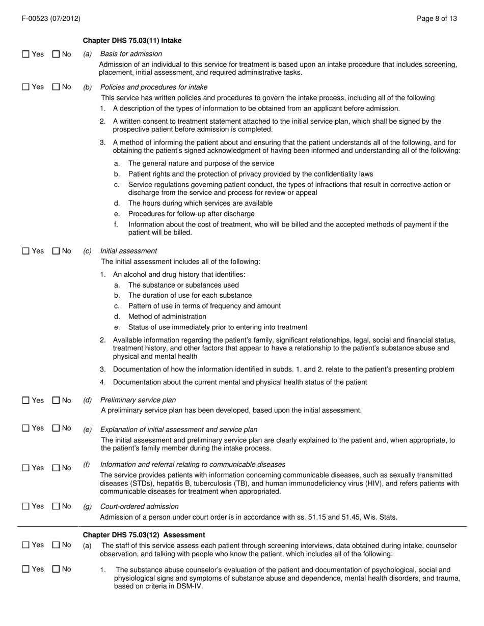 Form F-00523 Community Substance Abuse Service (Csas) General Requirements Initial Certification Application - Wisconsin, Page 8