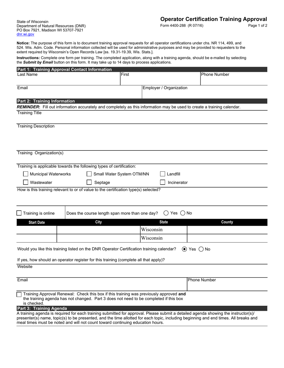 Form 4400-288 Operator Certification Training Approval - Wisconsin, Page 1