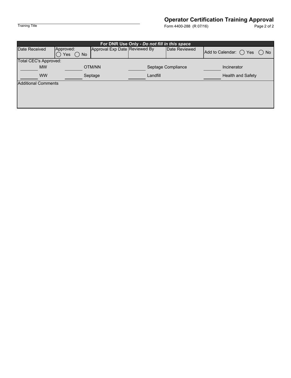 Form 4400-288 Operator Certification Training Approval - Wisconsin, Page 2