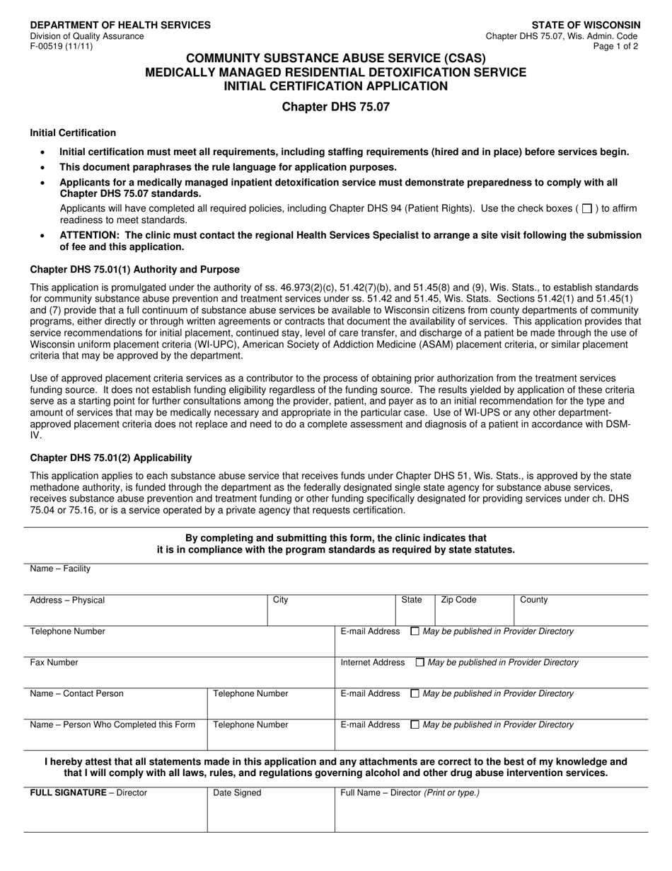 Form F-00519 Community Substance Abuse Service (Csas) Medically Managed Residential Detoxification Service Initial Certification Application - Wisconsin, Page 1