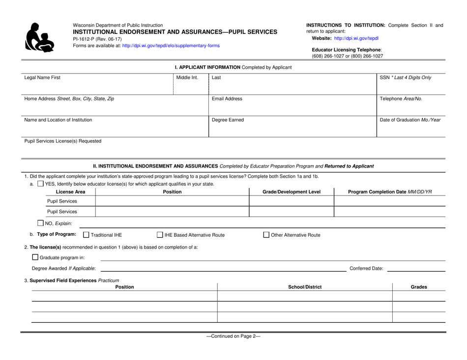 Form PI-1612-P Institutional Endorsement and Assurances - Pupil Services - Wisconsin, Page 1