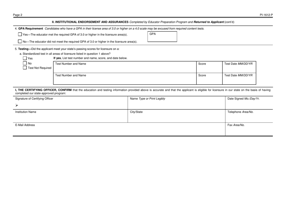 Form PI-1612-P Institutional Endorsement and Assurances - Pupil Services - Wisconsin, Page 2