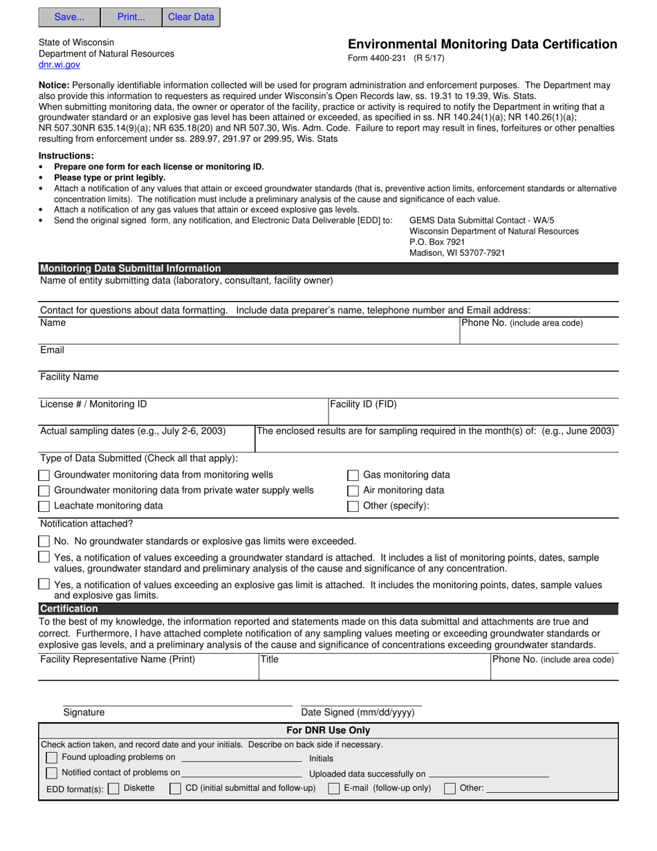 Form 4400-231 Environmental Monitoring Data Certification - Wisconsin, Page 1