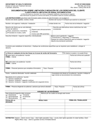 Formulario F-26100 Documentacion Sobre Limitacion O Negacion De Los Derechos Del Cliente - Wisconsin (Spanish)