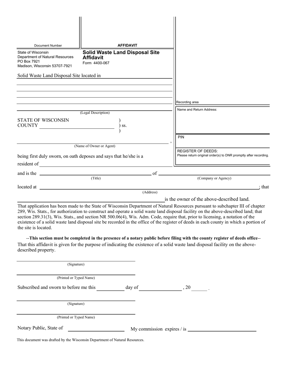 Form 4400-067 Solid Waste Land Disposal Site Affidavit - Wisconsin, Page 1