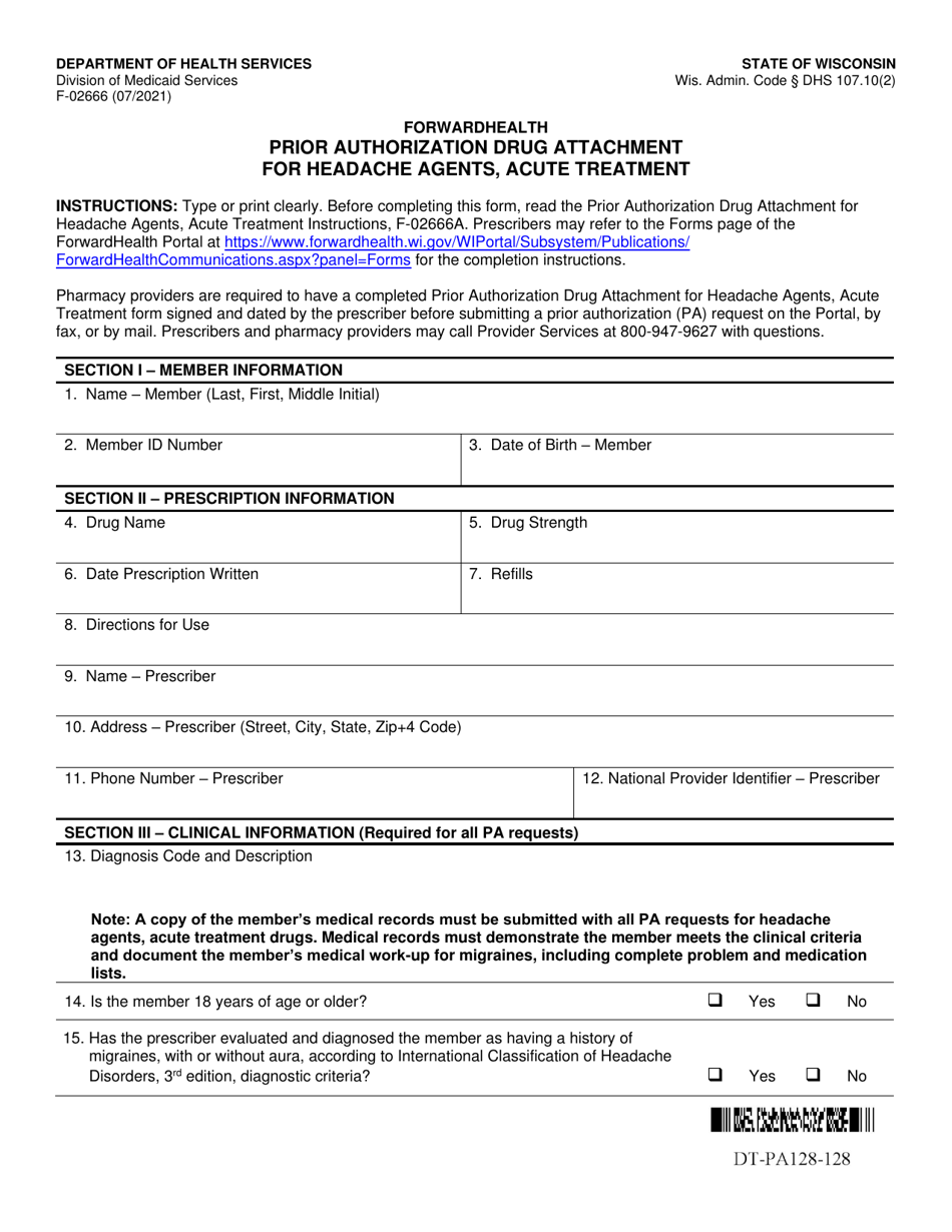 Form F-02666 Prior Authorization Drug Attachment for Headache Agents, Acute Treatment - Wisconsin, Page 1