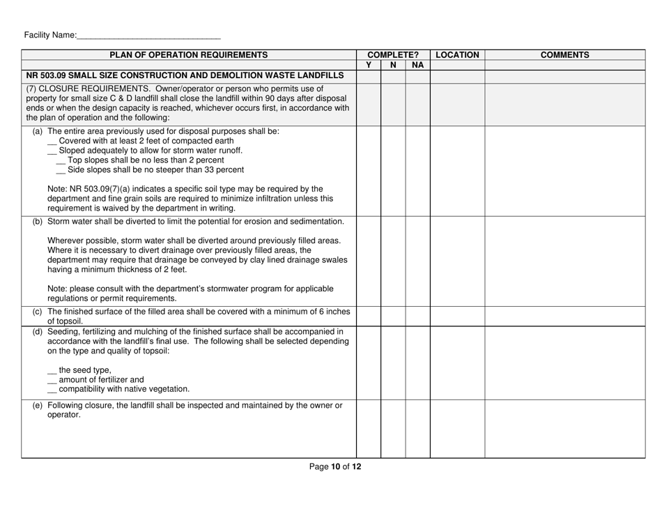 Form WA-1886 Plan of Operation Checklist for Small-Size Construction and Demolition (C  D) Waste Landfills - Wisconsin, Page 10
