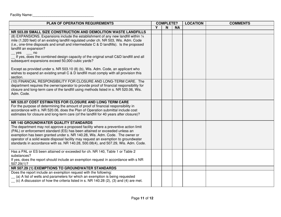 Form WA-1886 Plan of Operation Checklist for Small-Size Construction and Demolition (C  D) Waste Landfills - Wisconsin, Page 11