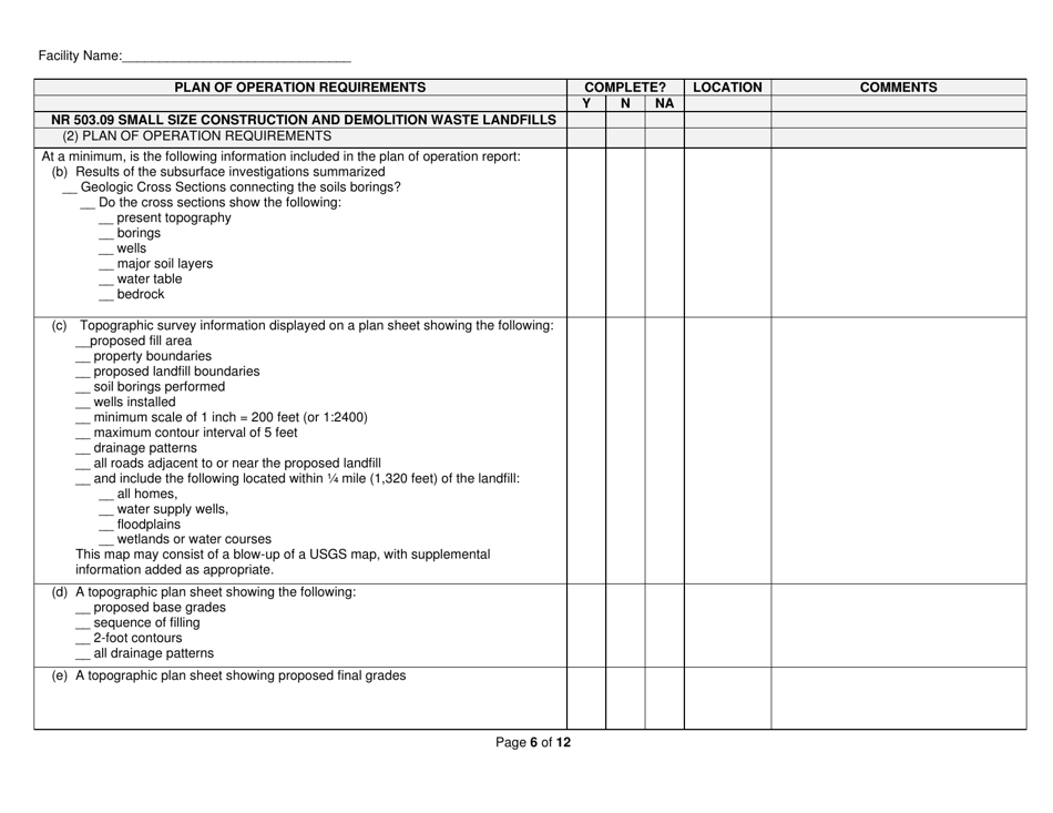 Form WA-1886 Plan of Operation Checklist for Small-Size Construction and Demolition (C  D) Waste Landfills - Wisconsin, Page 6