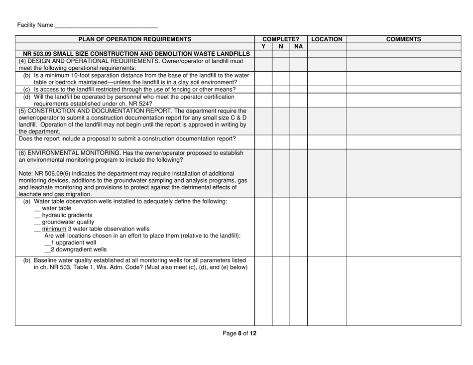 Form WA-1886 Plan of Operation Checklist for Small-Size Construction and Demolition (C  D) Waste Landfills - Wisconsin, Page 8