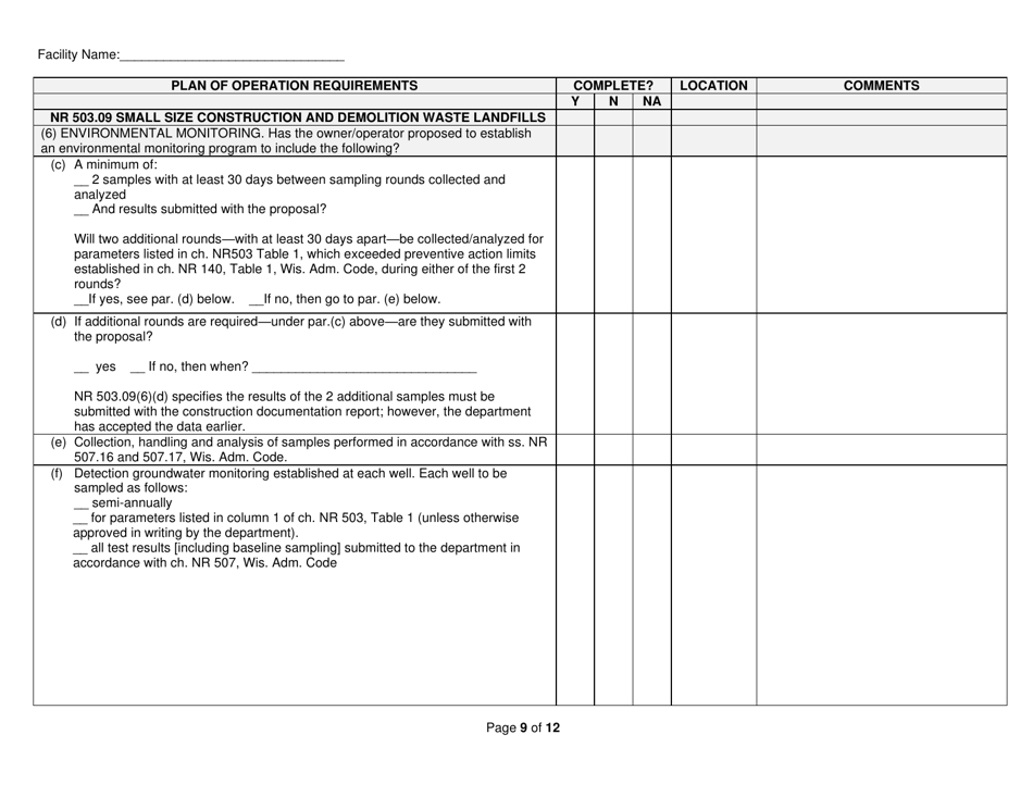 Form WA-1886 Plan of Operation Checklist for Small-Size Construction and Demolition (C  D) Waste Landfills - Wisconsin, Page 9