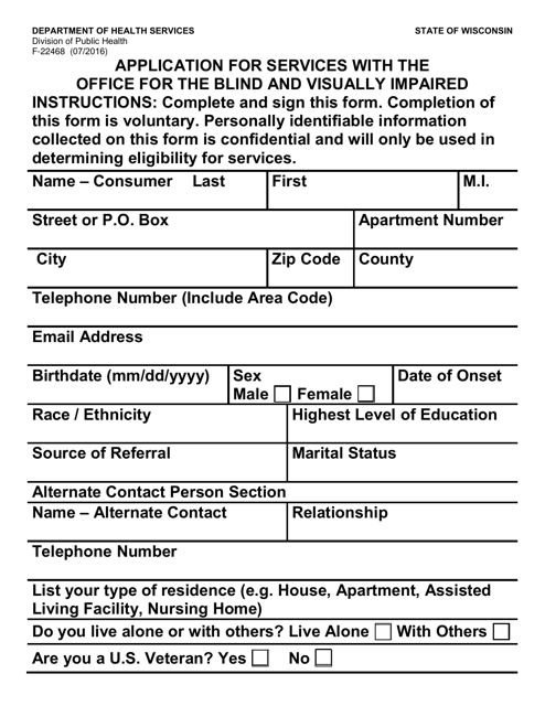 Form F-22468 Application for Services With the Office for the Blind and Visually Impaired - Wisconsin