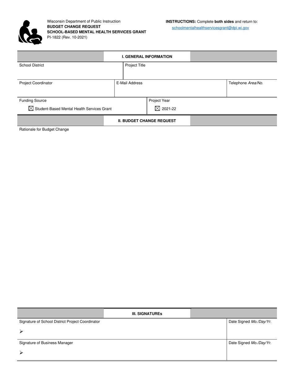 Form PI-1822 Budget Change Request - School-Based Mental Health Services Grant - Wisconsin, Page 1