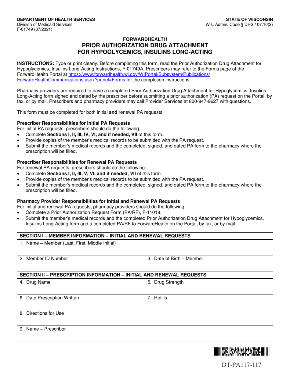 Form F-01749 Prior Authorization Drug Attachment for Hypoglycemics, Insulins Long-Acting - Wisconsin, Page 1