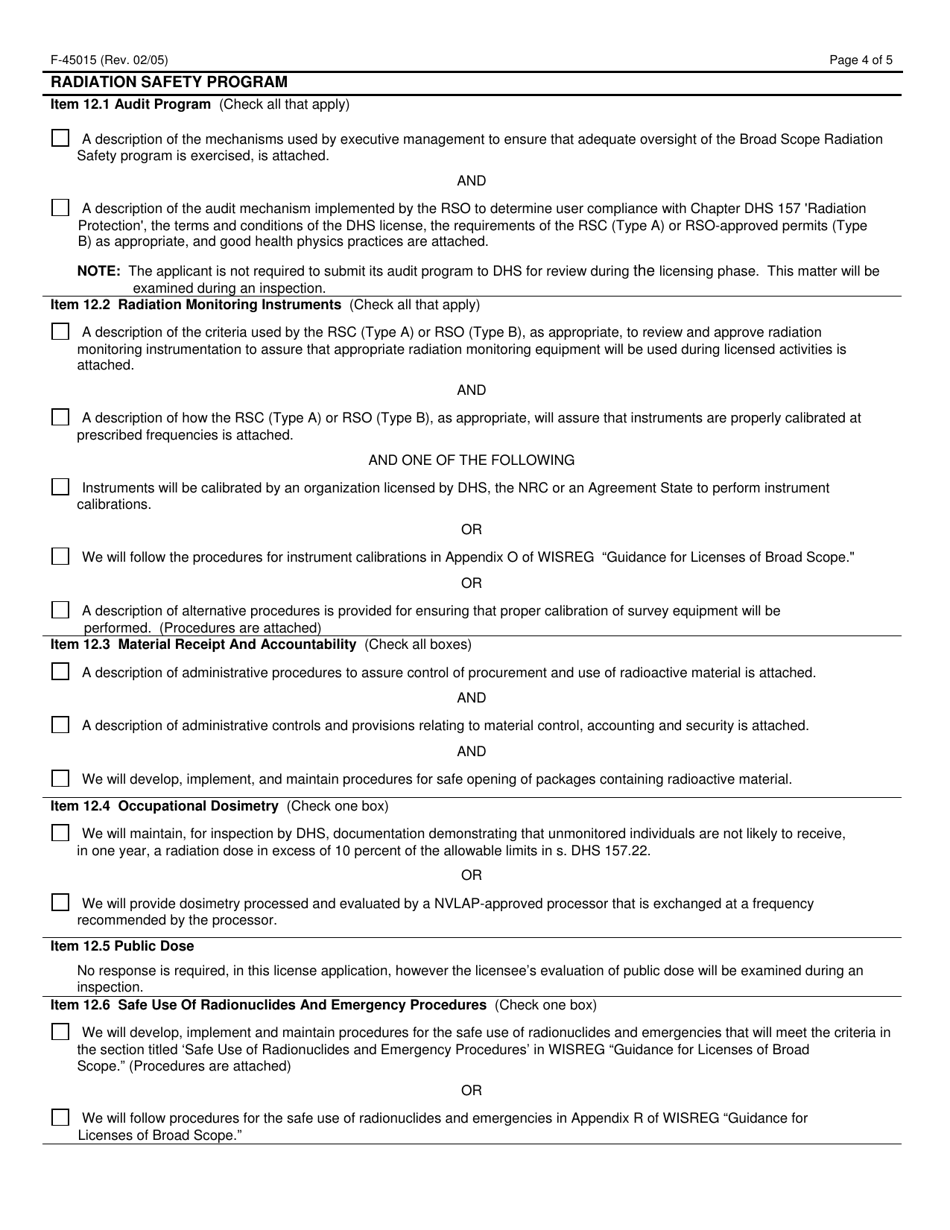 Form F-45015 Application for Radioactive Material License for Broad Scope - Wisconsin, Page 4