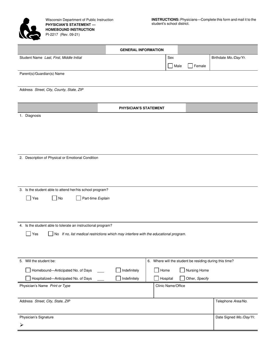 Form PI-2217 Physicians Statement - Homebound Instruction - Wisconsin, Page 1