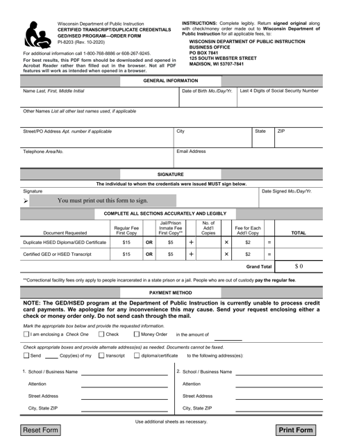 Form PI-8203 Certified Transcript/Duplicate Credentials Ged/Hsed Program - Order Form - Wisconsin
