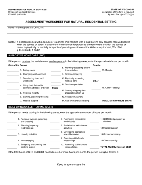 Form F-20817 Assessment Worksheet for Natural Residential Setting - Wisconsin