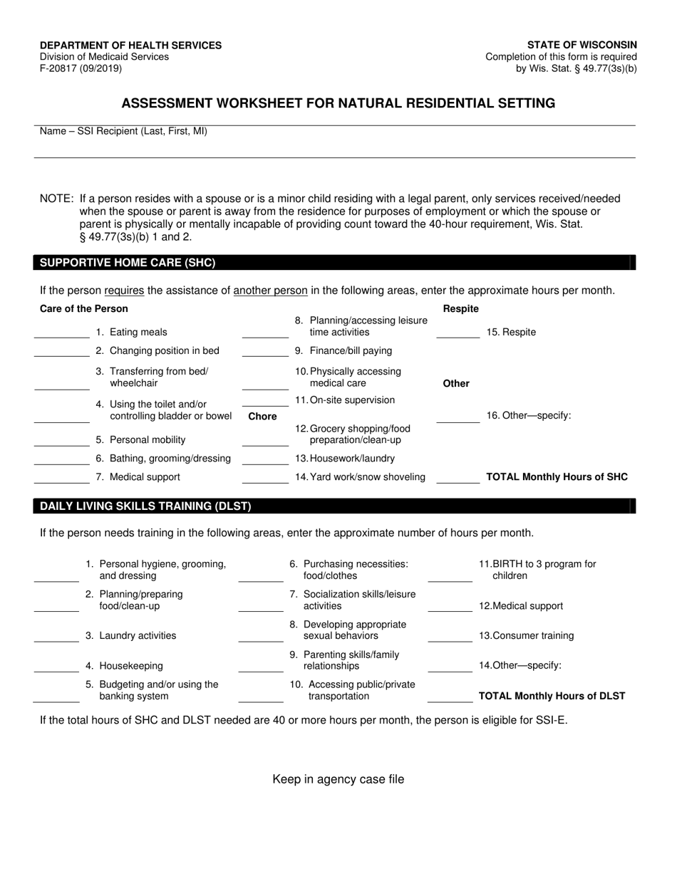 Form F-20817 Assessment Worksheet for Natural Residential Setting - Wisconsin, Page 1