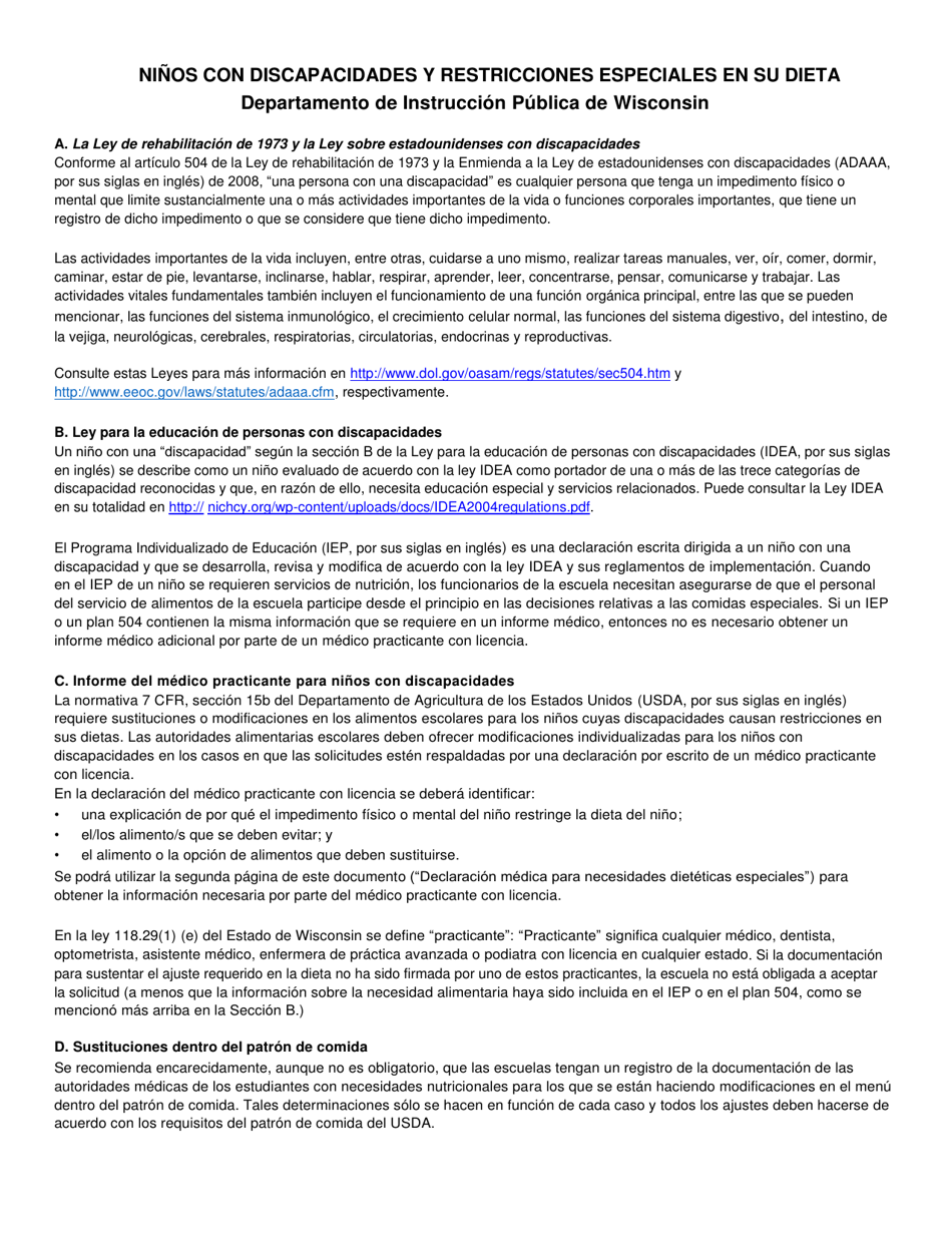 Declaracion Medica Para Necesidades Dieteticas Especiales - Wisconsin (Spanish), Page 1