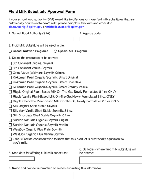 Fluid Milk Substitute Approval Form - Wisconsin Download Pdf