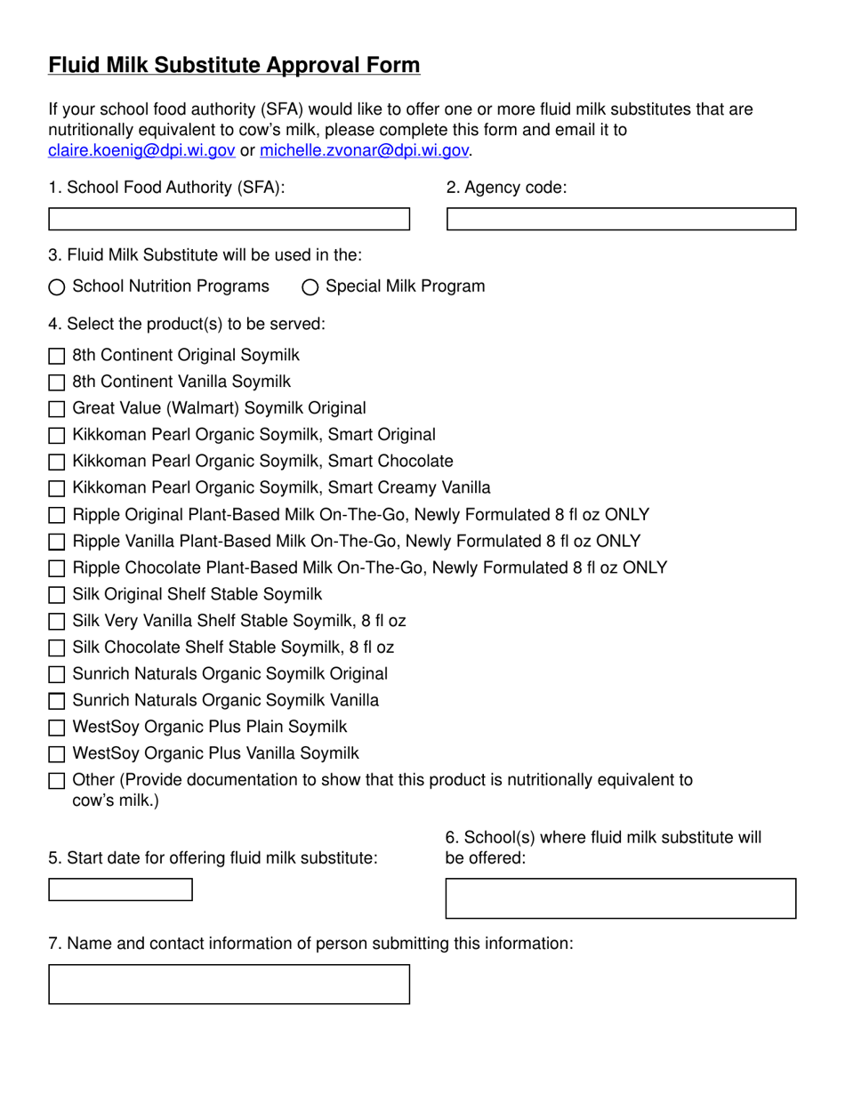 Fluid Milk Substitute Approval Form - Wisconsin, Page 1