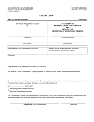 Form F-25177 &quot;Statement of Probable Cause for Detention and Petition for Revocation of Conditional Release&quot; - Wisconsin