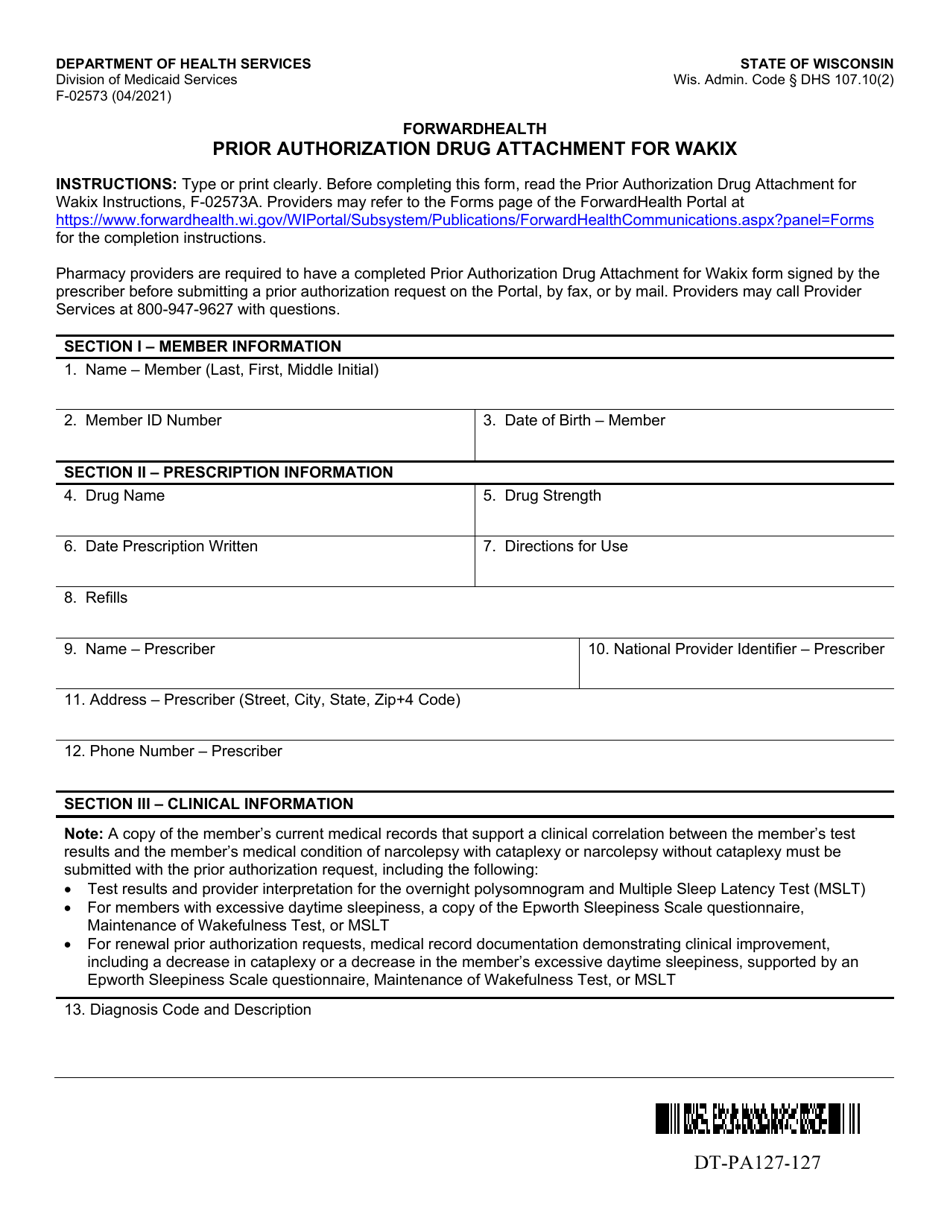 Form F-02573 Prior Authorization Drug Attachment for Wakix - Wisconsin, Page 1