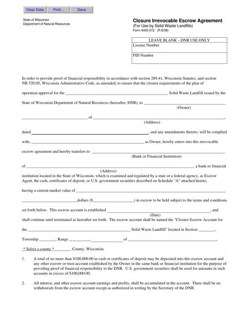 Form 4400-072 Closure Irrevocable Escrow Agreement (For Use by Solid Waste Landfills) - Wisconsin