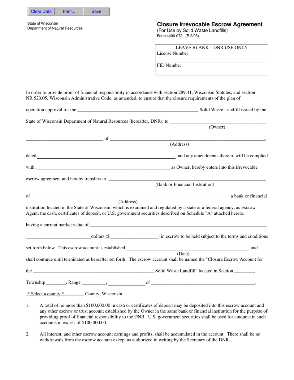 Form 4400-072 Closure Irrevocable Escrow Agreement (For Use by Solid Waste Landfills) - Wisconsin, Page 1