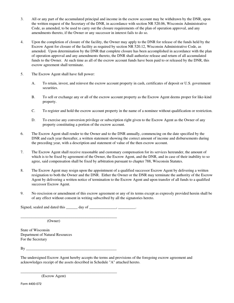 Form 4400-072 Closure Irrevocable Escrow Agreement (For Use by Solid Waste Landfills) - Wisconsin, Page 2