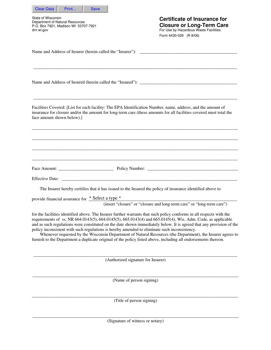 Form 4430-026 Certificate of Insurance for Closure or Long-Term Care - Wisconsin, Page 1