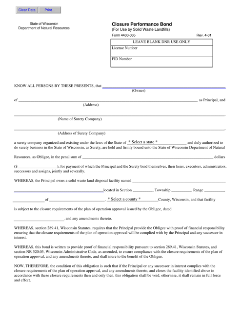 Form 4400-065 Closure Performance Bond (For Use by Solid Waste Landfills) - Wisconsin