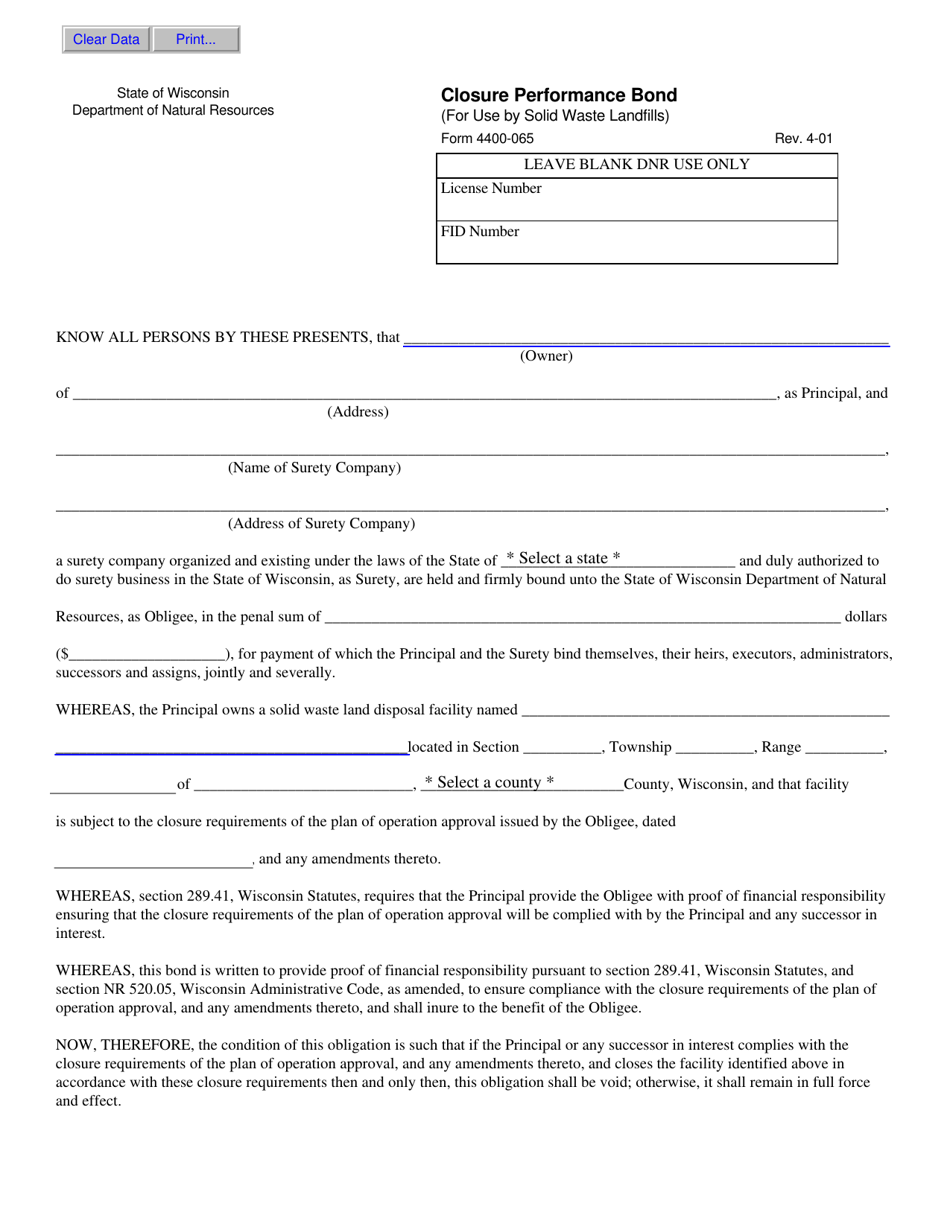 Form 4400-065 Closure Performance Bond (For Use by Solid Waste Landfills) - Wisconsin, Page 1