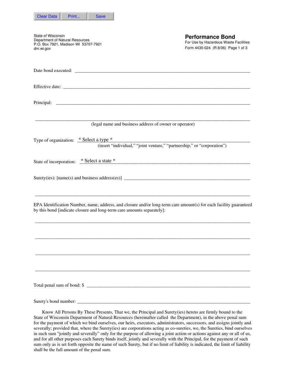 Form 4430-024 Performance Bond for Use by Hazardous Waste Facilities - Wisconsin, Page 1