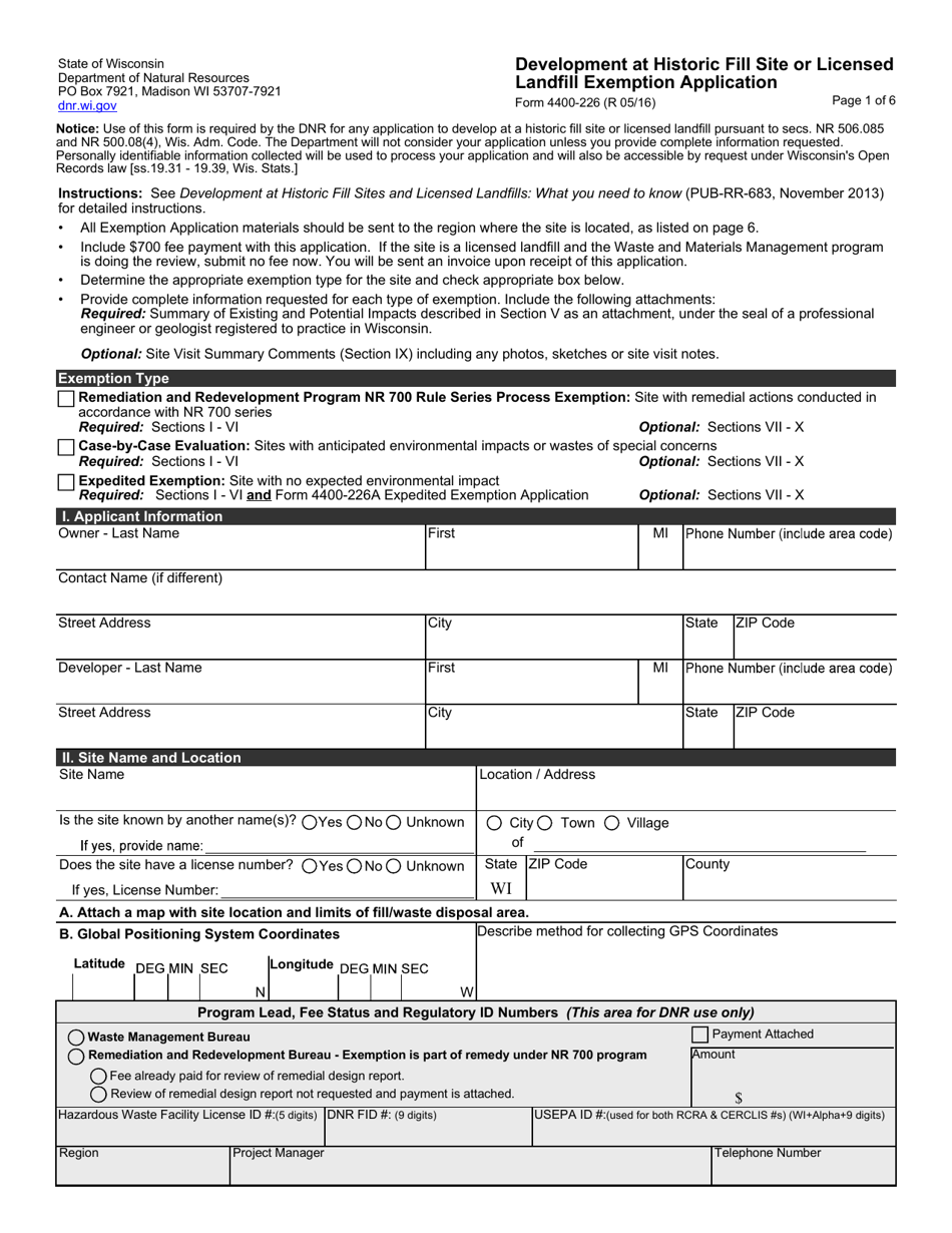 Form 4400-226 Development at Historic Fill Site or Licensed Landfill Exemption Application - Wisconsin, Page 1