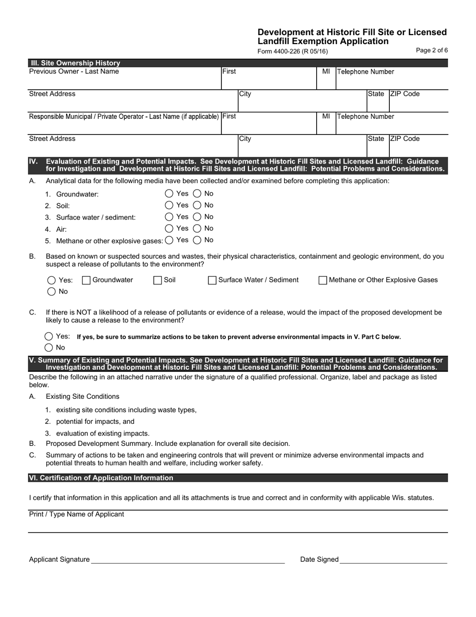 Form 4400-226 Development at Historic Fill Site or Licensed Landfill Exemption Application - Wisconsin, Page 2