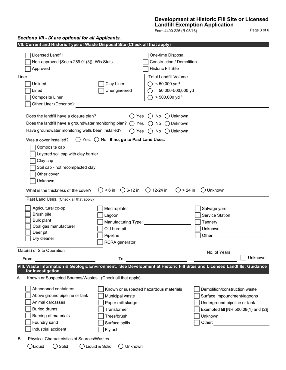 Form 4400-226 Development at Historic Fill Site or Licensed Landfill Exemption Application - Wisconsin, Page 3